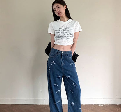 Low Waist Bow Print Wide Leg Jeans