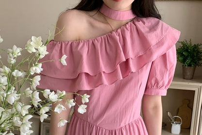 Puff-Sleeve One-Shoulder Plain Ruffle Maxi A-Line Dress