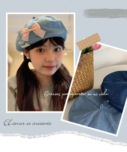 Ribbon Denim Beret Hat