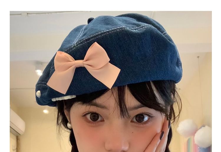 Ribbon Denim Beret Hat