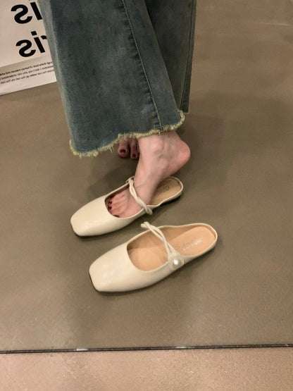 Square-Toe Faux Pearl Buttoned Mules