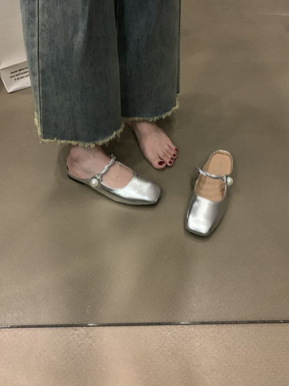 Square-Toe Faux Pearl Buttoned Mules