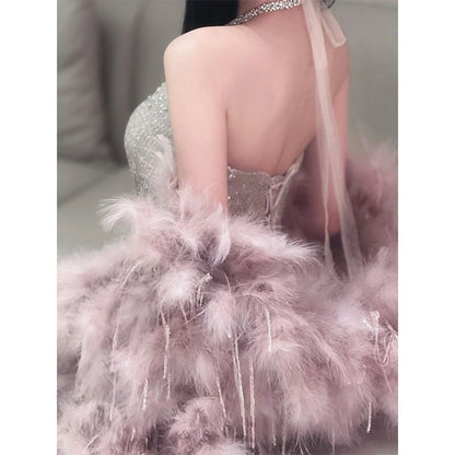 / Sequined Shirred Evening Fluffy Cape A-Line Gown Halter-Neck Set