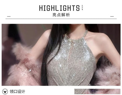 / Sequined Shirred Evening Fluffy Cape A-Line Gown Halter-Neck Set