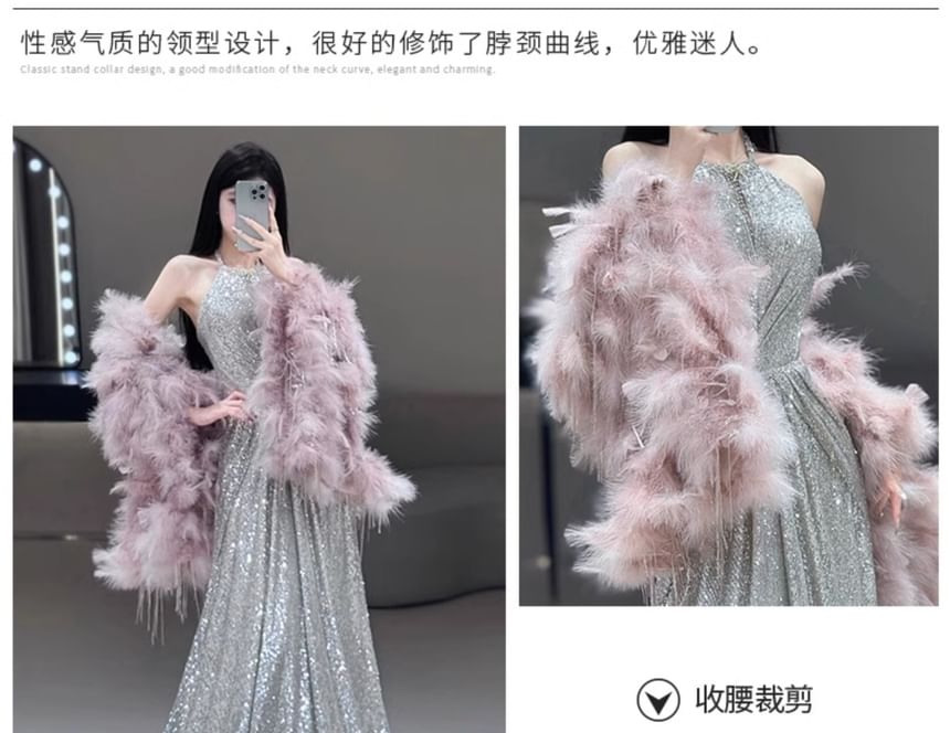 / Sequined Shirred Evening Fluffy Cape A-Line Gown Halter-Neck Set