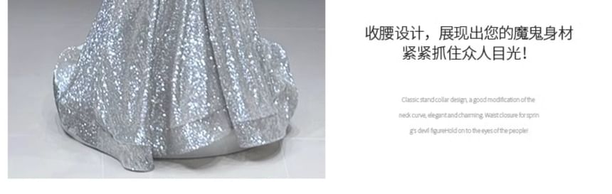 / Sequined Shirred Evening Fluffy Cape A-Line Gown Halter-Neck Set