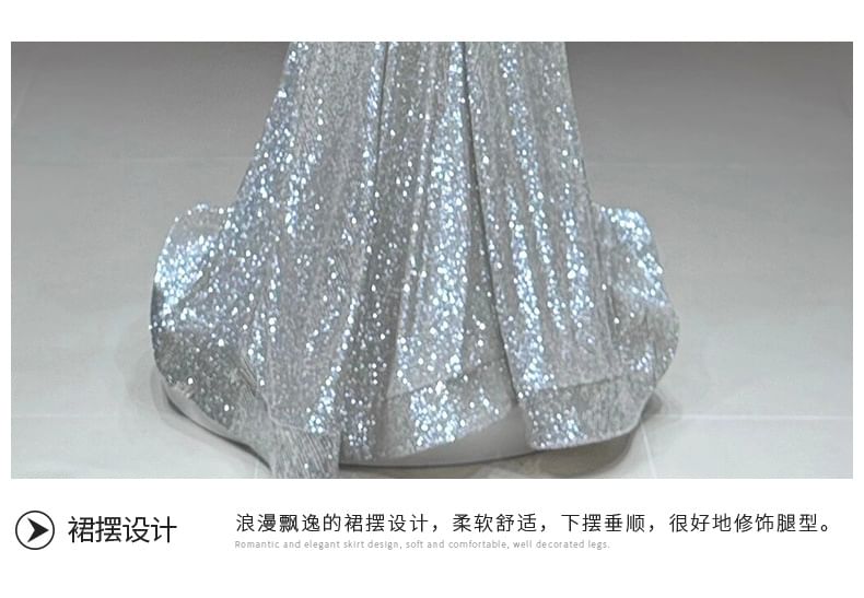 / Sequined Shirred Evening Fluffy Cape A-Line Gown Halter-Neck Set