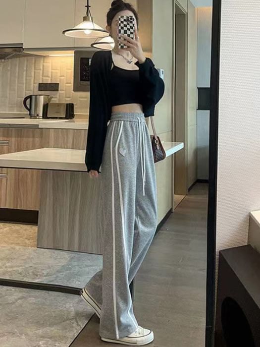 High Waist Heart Embroidered Striped Straight-Fit Wide-Leg Sweatpants