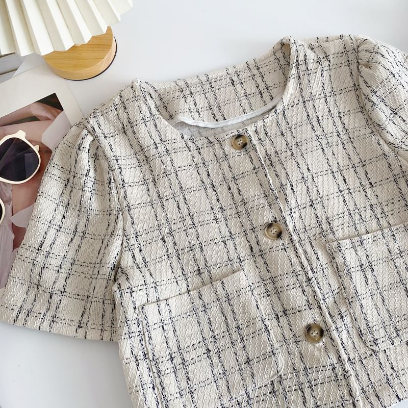 Short-Sleeve Plaid Pocket Detail Blouse