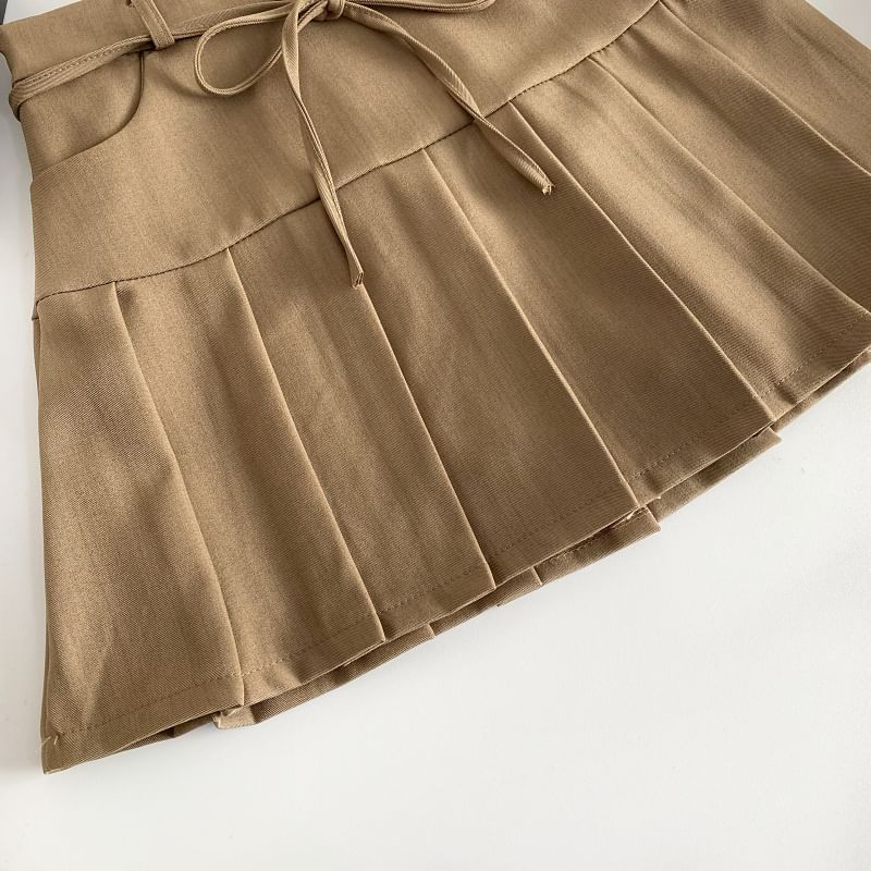 High Rise Plain Pleated Mini A-Line Skirt