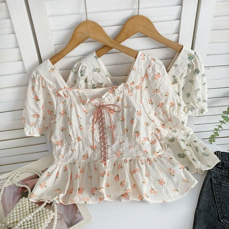 Short-Sleeve Floral Lace-Up Peplum Blouse