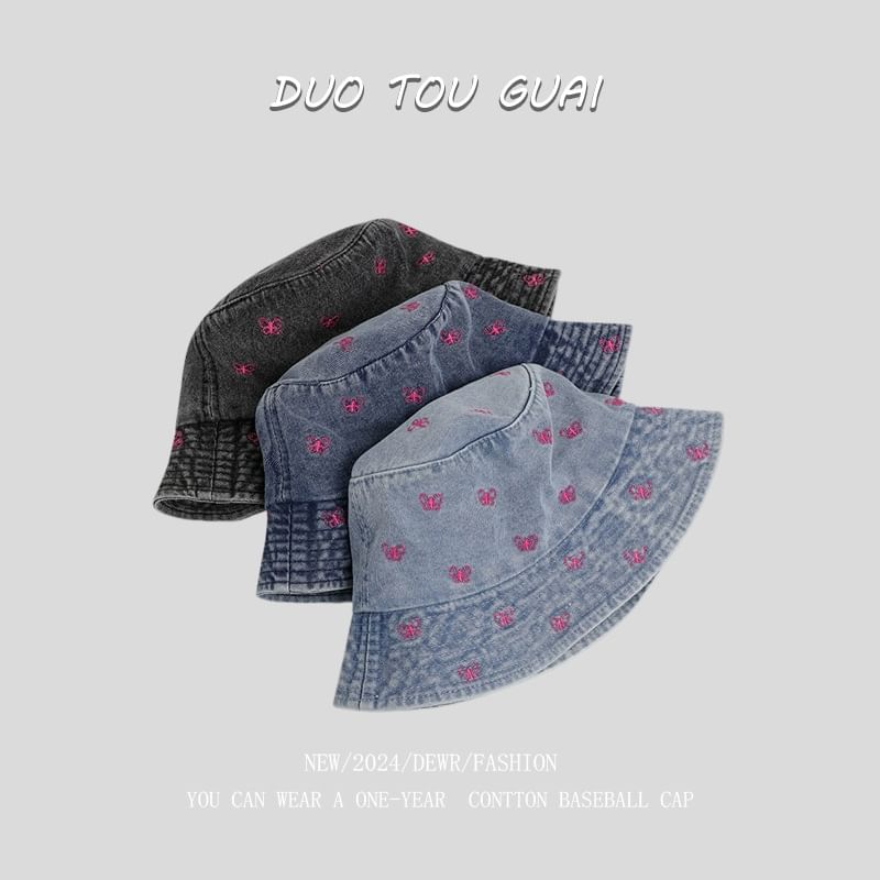 Washed Embroidered Hat Bucket Denim Bow