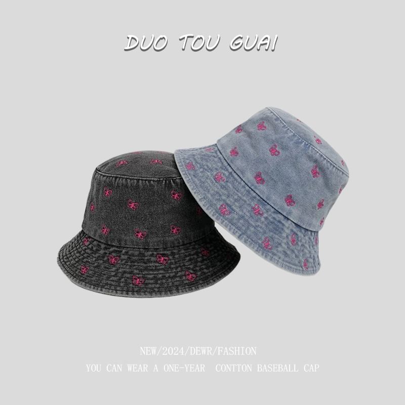 Washed Embroidered Hat Bucket Denim Bow