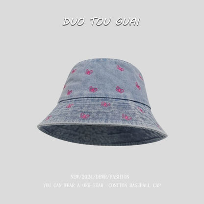 Washed Embroidered Hat Bucket Denim Bow
