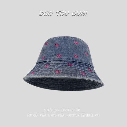Washed Embroidered Hat Bucket Denim Bow
