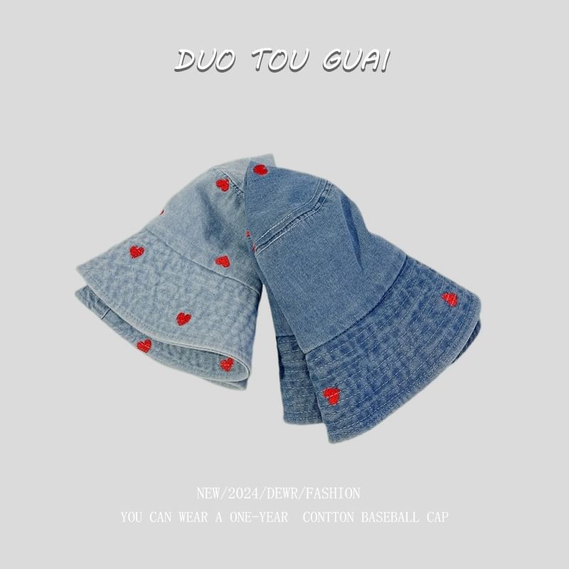 Washed Embroidered Heart Hat Denim Bucket