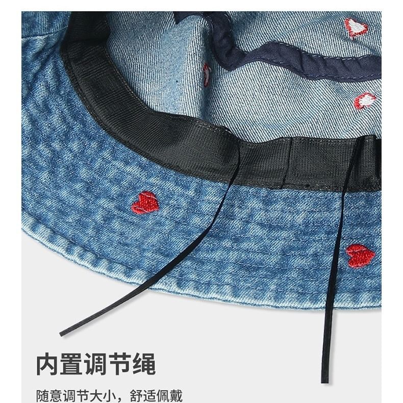 Washed Embroidered Heart Hat Denim Bucket