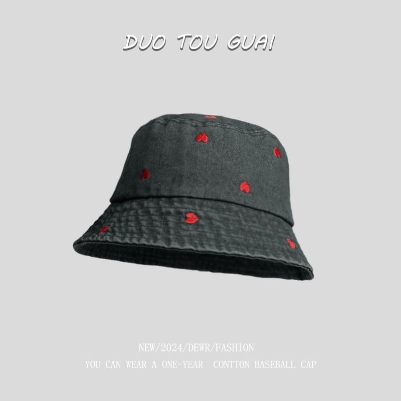 Washed Embroidered Heart Hat Denim Bucket
