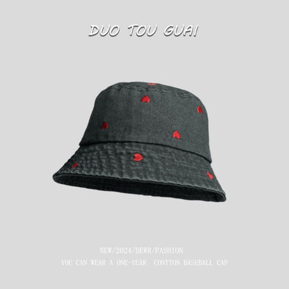 Washed Embroidered Heart Hat Denim Bucket