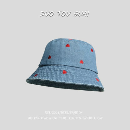 Washed Embroidered Heart Hat Denim Bucket