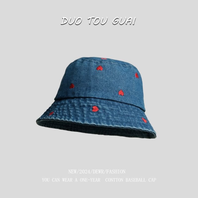 Washed Embroidered Heart Hat Denim Bucket