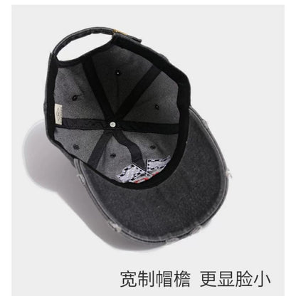 Lettering Cap Distressed Denim Embroidered Baseball Washed