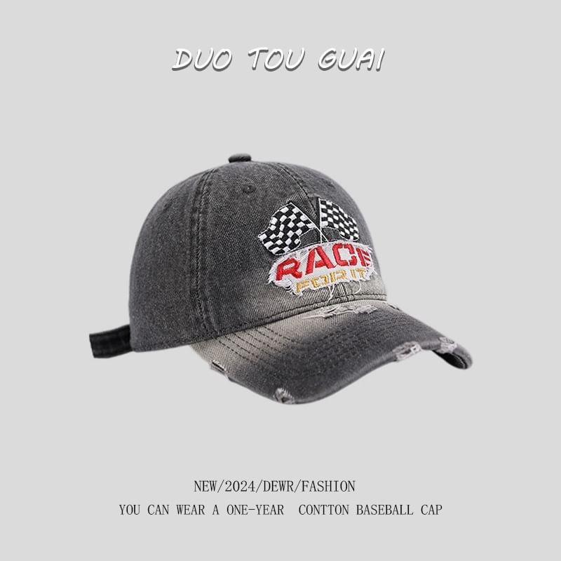 Lettering Cap Distressed Denim Embroidered Baseball Washed
