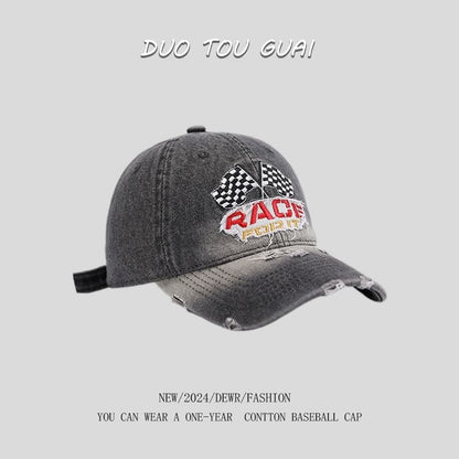 Lettering Cap Distressed Denim Embroidered Baseball Washed