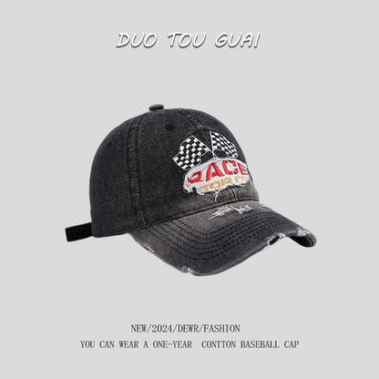 Lettering Cap Distressed Denim Embroidered Baseball Washed