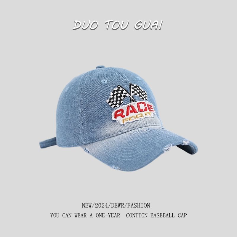 Lettering Cap Distressed Denim Embroidered Baseball Washed