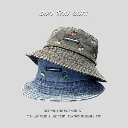 Embroidered Washed Hat Denim Bucket Cherry