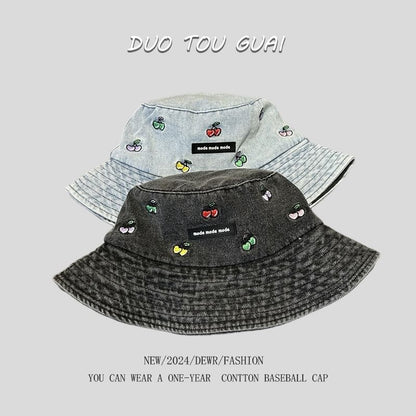 Embroidered Washed Hat Denim Bucket Cherry