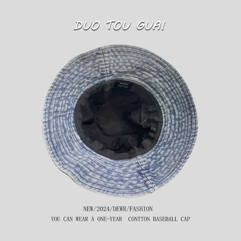 Embroidered Washed Hat Denim Bucket Cherry