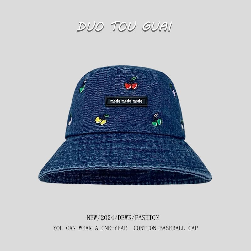 Embroidered Washed Hat Denim Bucket Cherry