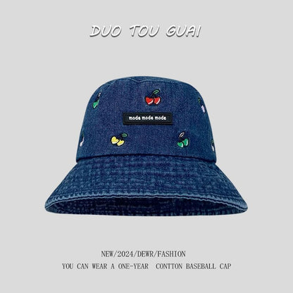 Embroidered Washed Hat Denim Bucket Cherry