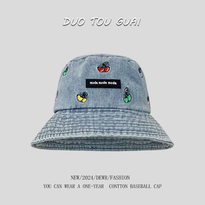 Embroidered Washed Hat Denim Bucket Cherry
