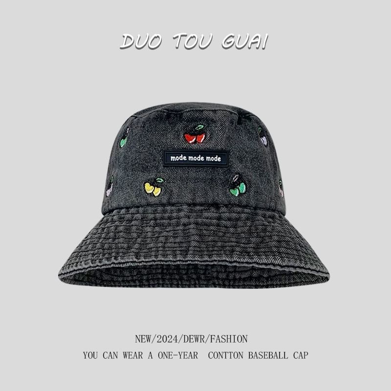 Embroidered Washed Hat Denim Bucket Cherry