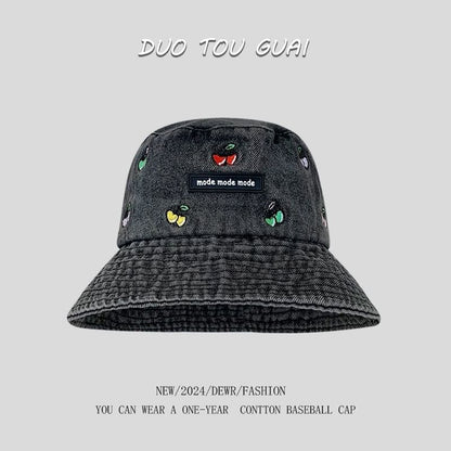 Embroidered Washed Hat Denim Bucket Cherry