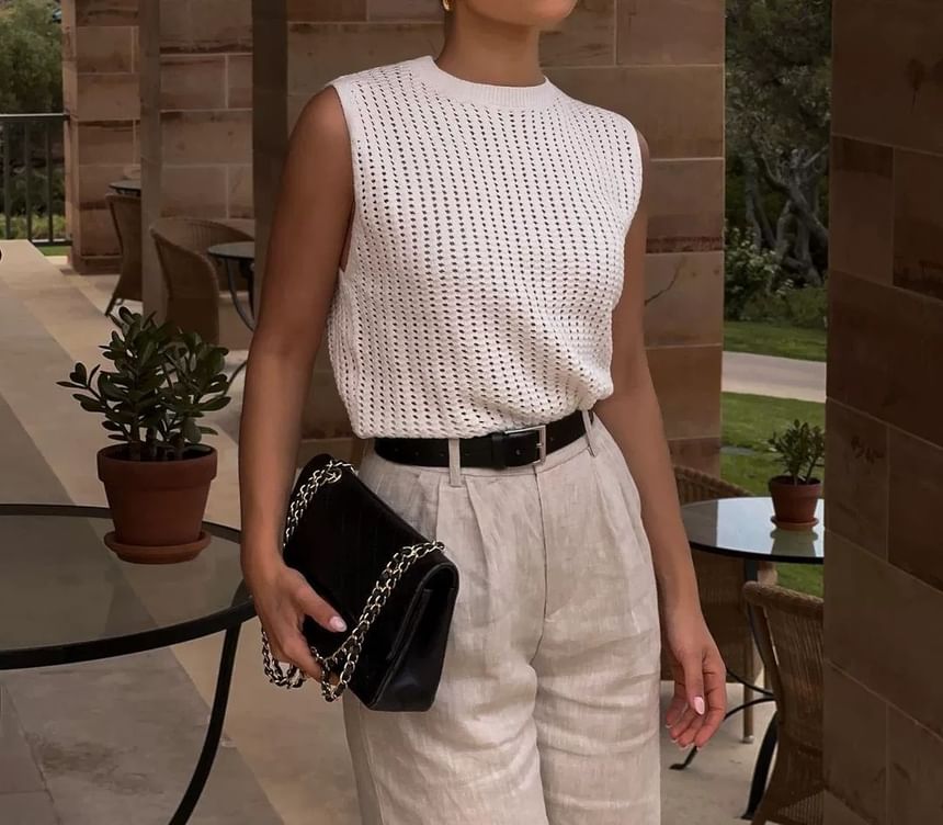 Plain Neck Round Top Knit Sleeveless