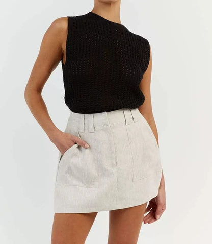 Plain Knit Neck Sleeveless Top Round