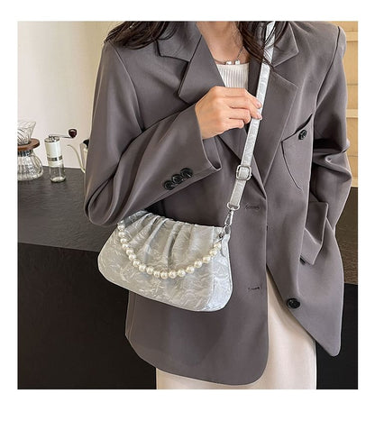 Ruched Faux Pearl Shoulder Bag