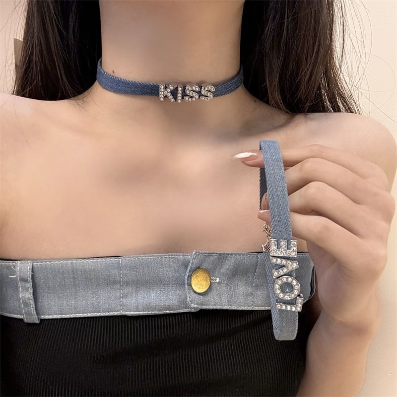 Designs) Choker Denim (Various Rhinestone Lettering