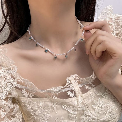 Heart Fringed Faux Choker Pearl