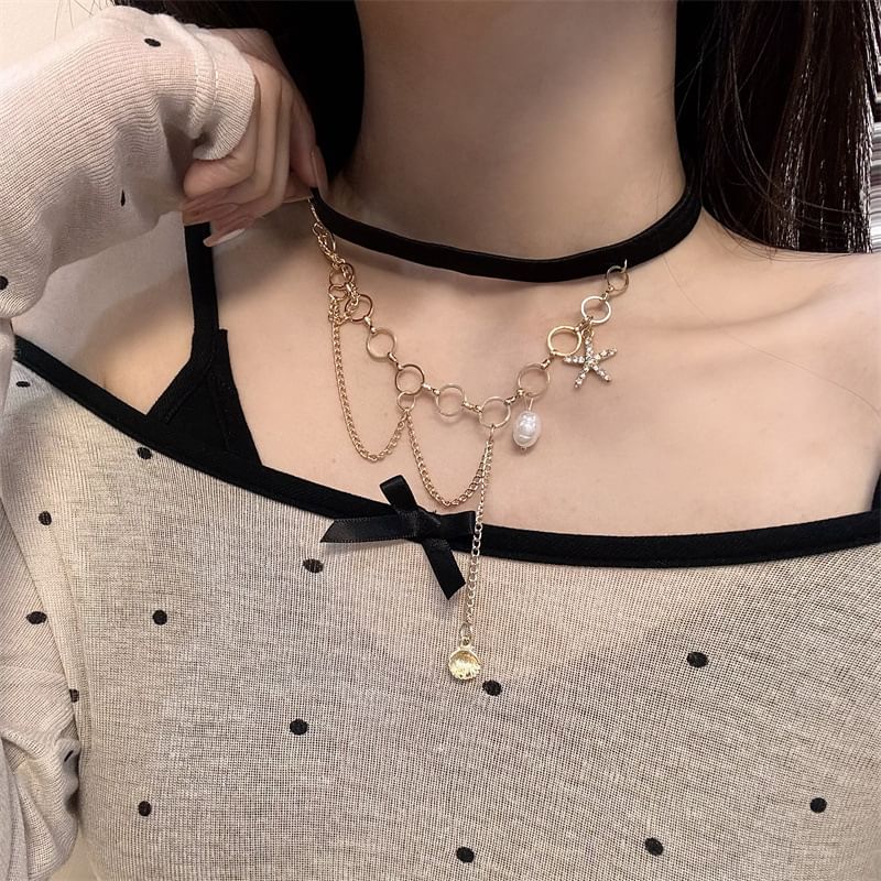 Chain Thigh Faux Pearl Starfish Layered Shell