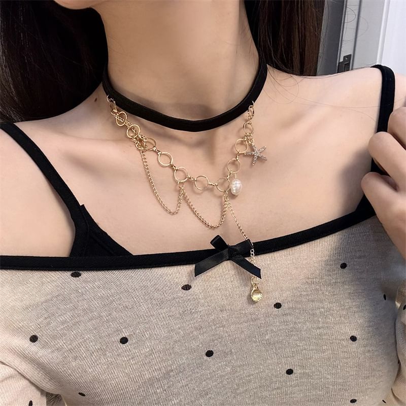 Chain Thigh Faux Pearl Starfish Layered Shell