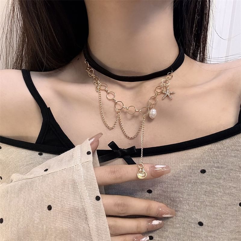 Chain Thigh Faux Pearl Starfish Layered Shell