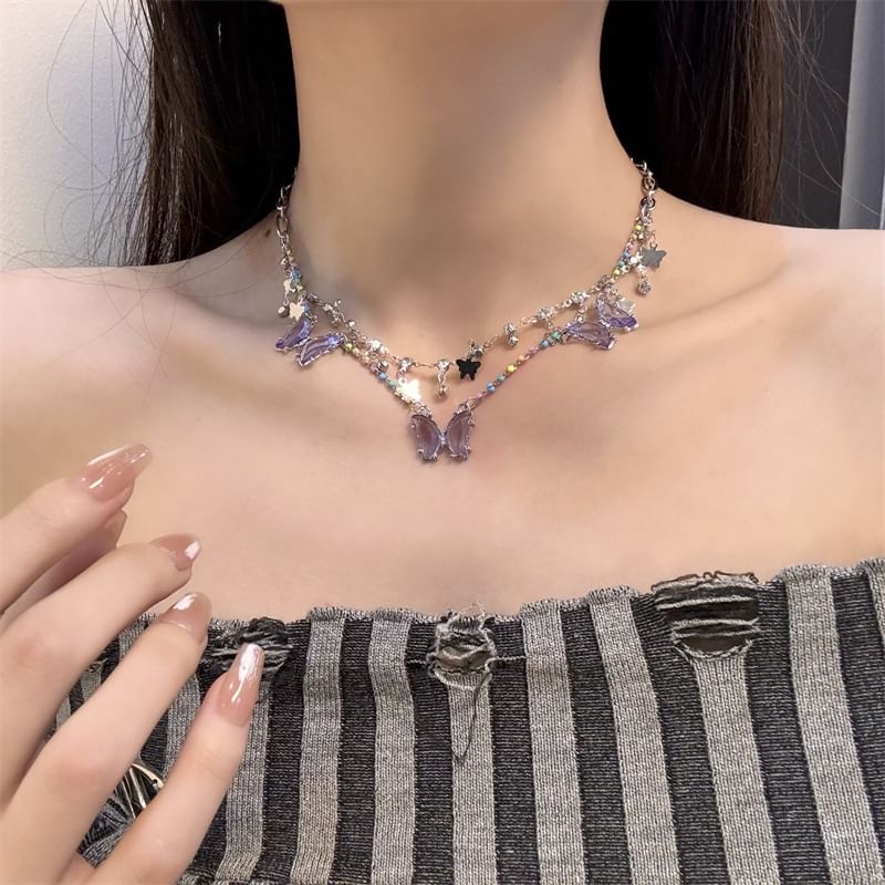 Butterfly Faux Layered Crystal Fringed Necklace