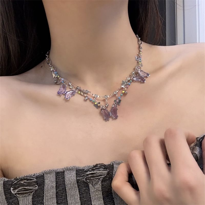 Butterfly Faux Layered Crystal Fringed Necklace