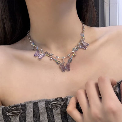 Butterfly Faux Layered Crystal Fringed Necklace