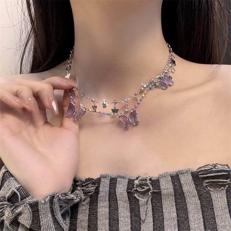 Butterfly Faux Layered Crystal Fringed Necklace
